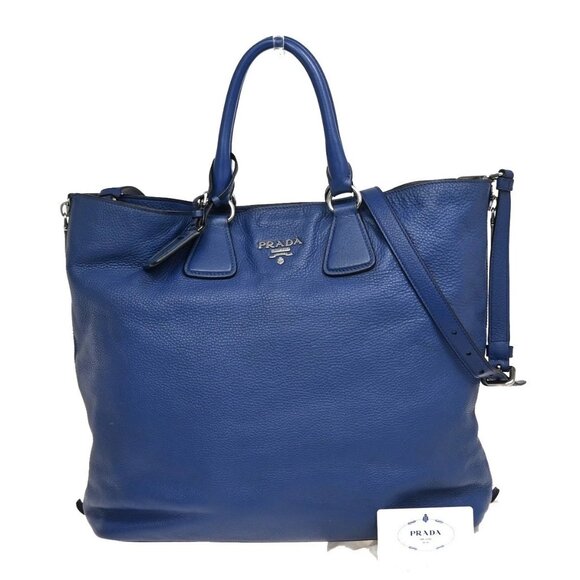 PRADA Logo 2Way Shoulder Hand Bag Vitello Phenix Leather Blue SHW 76KB075 - Picture 1 of 15